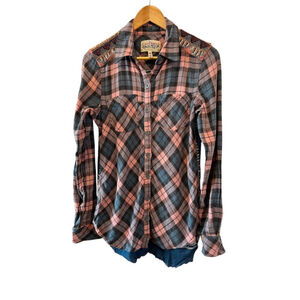 Pink & Blue Plaid Paisley Back Beaded Detail Button Up Long Sleeve Shirt S